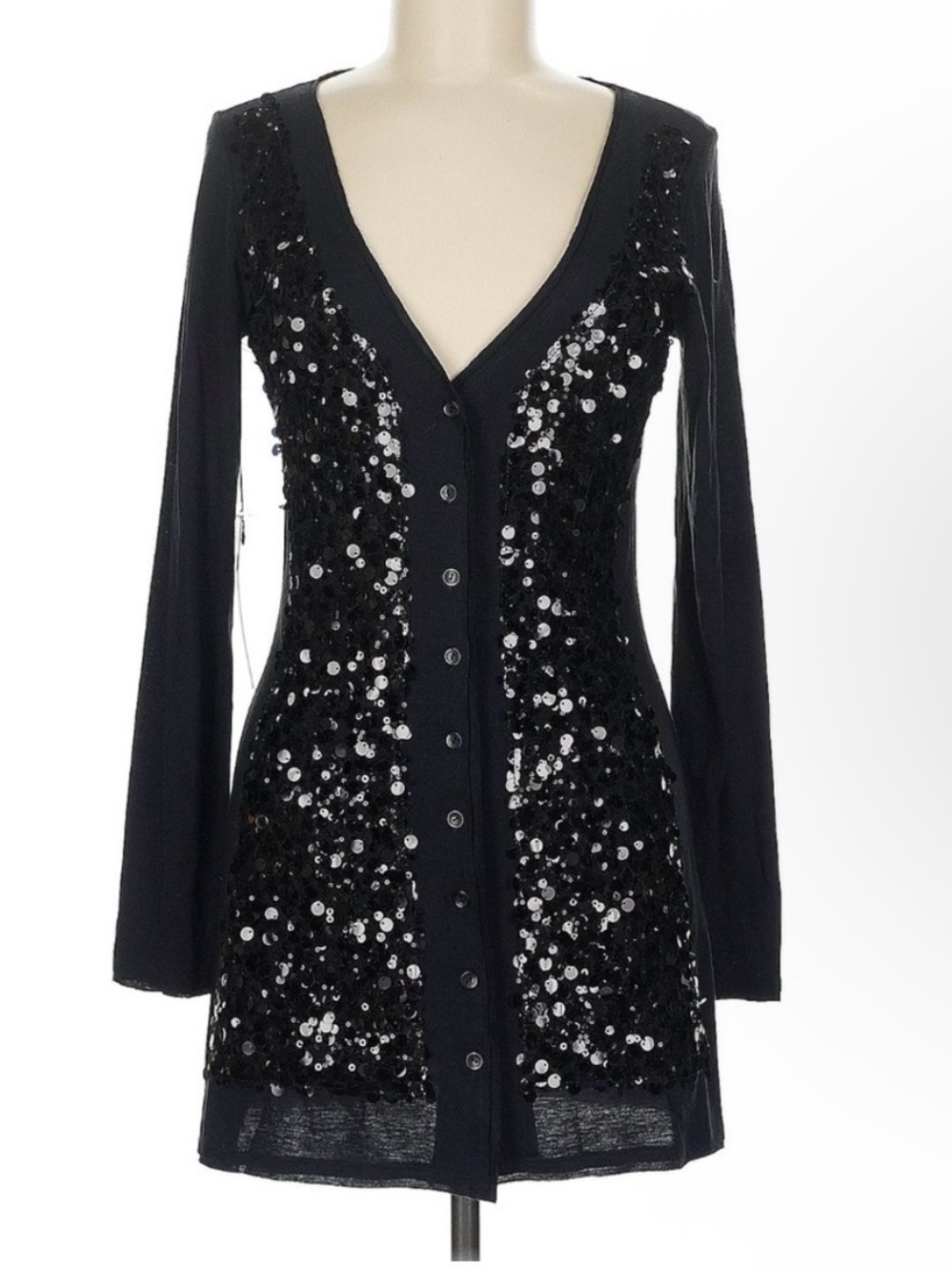 NWT Susana Monaco Black Sequin V-Neck Button Cardigan